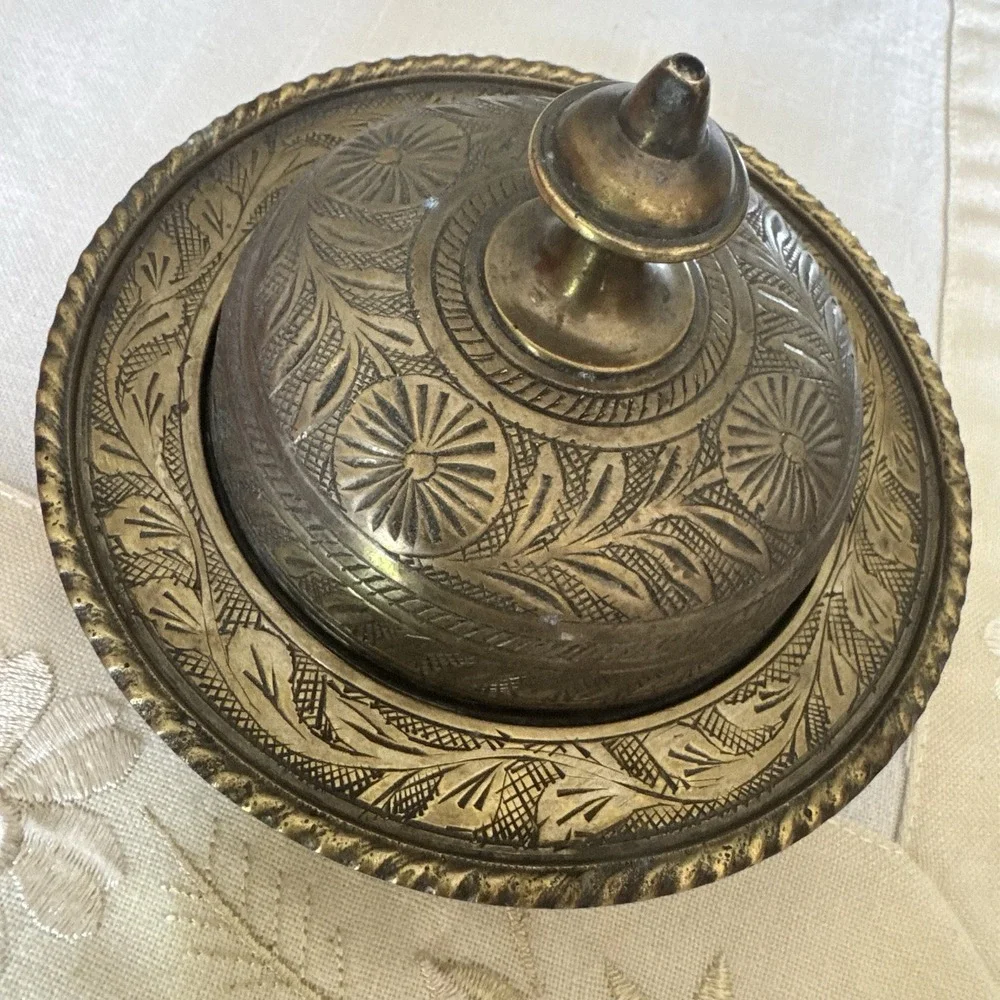 Vintage Handcrafted Engraved Brass Butter Dish With Lid ~ Made In India ~ Patina